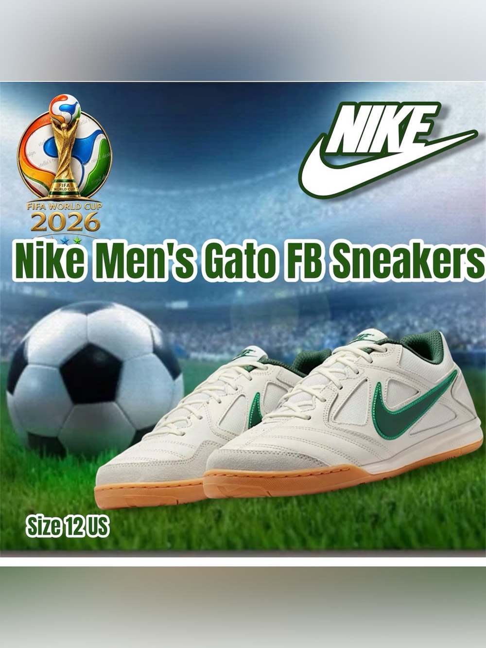 Nike Gato FB Soccer Shoes - White, Green & Gum, Size 12 US